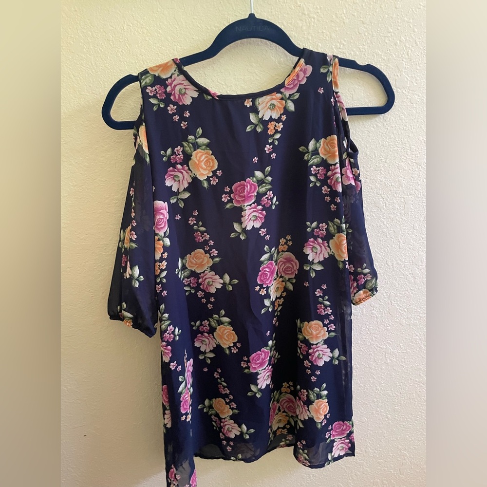 Asymmetrical Blue and Pink 3/4 Sleeve Blouse